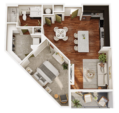 Floor plan for 1 bed, 1 bath, 781 sqft